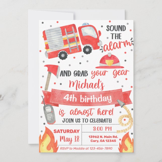 Invitation à l'anniversaire du camion-feu, pompier (Devant)