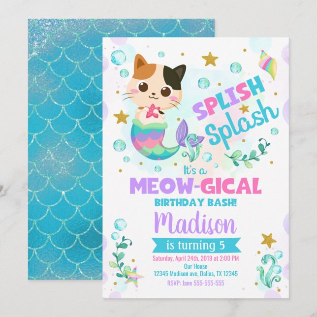 Invitation à l'anniversaire du chat de sirène, fêt (Devant / Derrière)