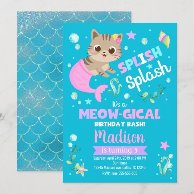Invitation à l'anniversaire du chat de sirène, fêt (Devant / Derrière)