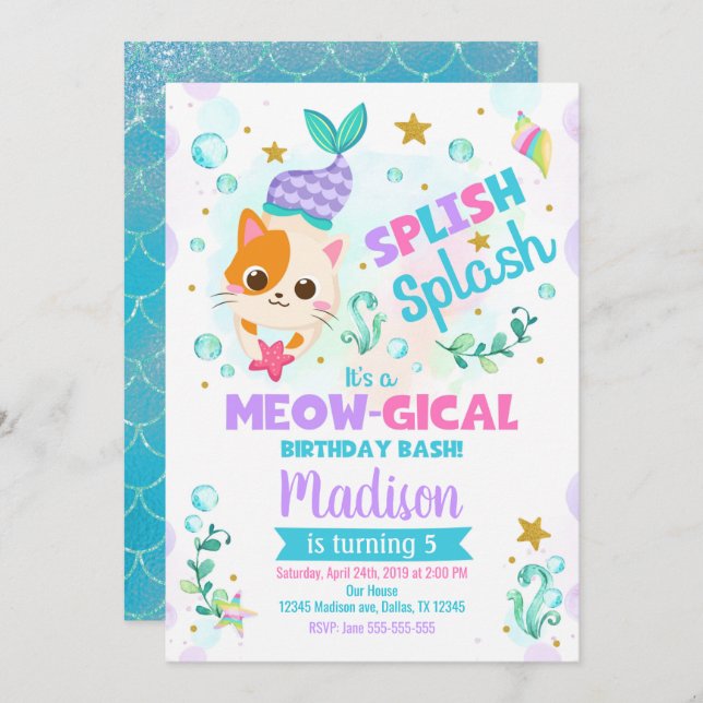 Invitation à l'anniversaire du chat de sirène, fêt (Devant / Derrière)
