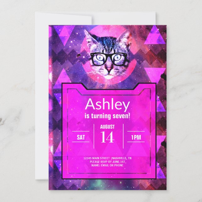 Invitation à l'anniversaire du chat Hipster rose (Devant)