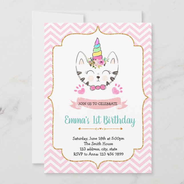 Invitation à l'anniversaire du chat Unicorn (Devant)