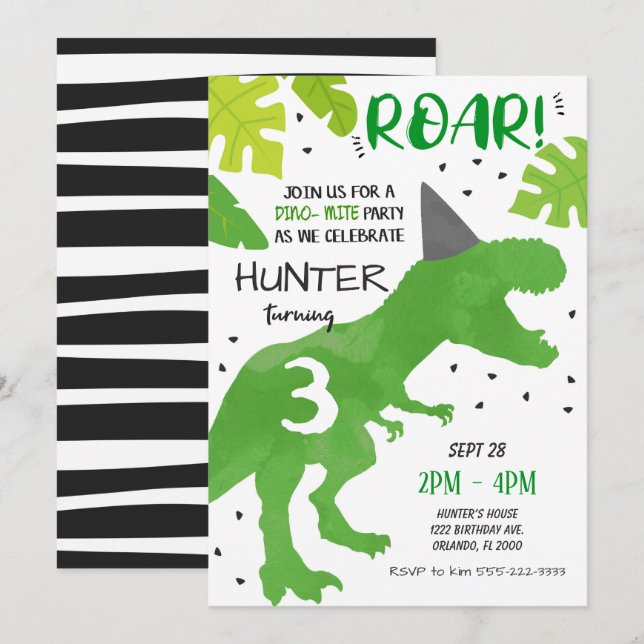 Invitation à l'anniversaire du dinosaure vert (Devant / Derrière)