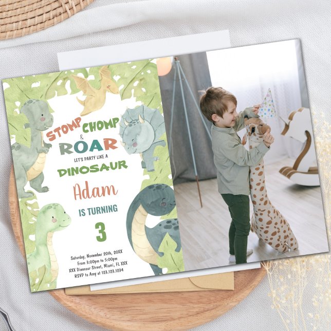Invitation à l'anniversaire du dinosaure vert avec (Green Dinosaur Invitations with photo)