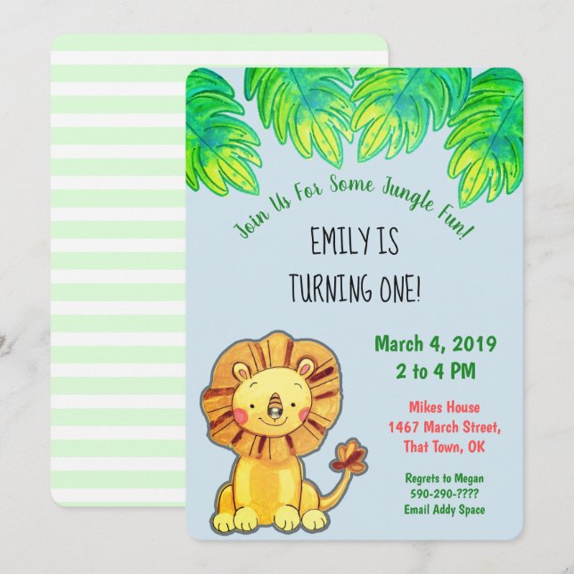 Invitation à l'anniversaire du lion de la Jungle m (Devant / Derrière)