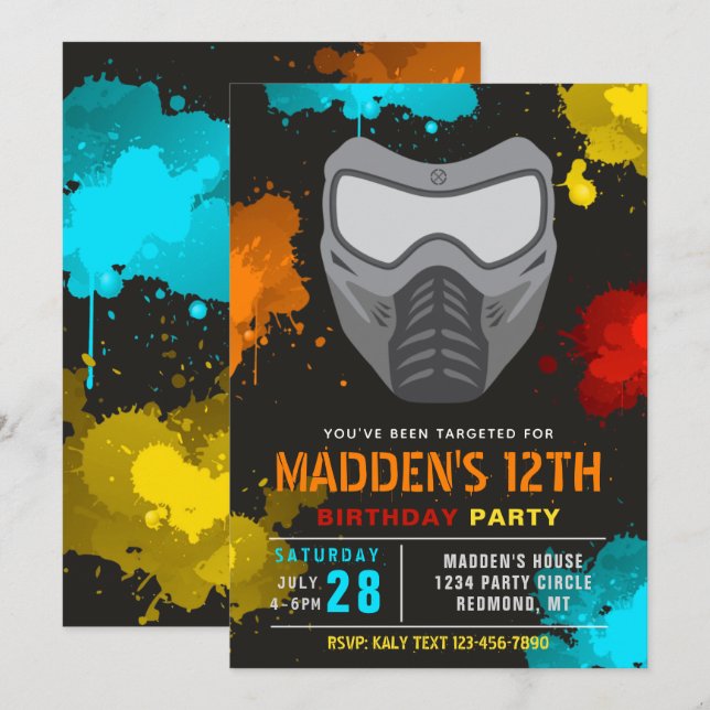Invitation à l'anniversaire du Paintball | Paintba (Devant / Derrière)