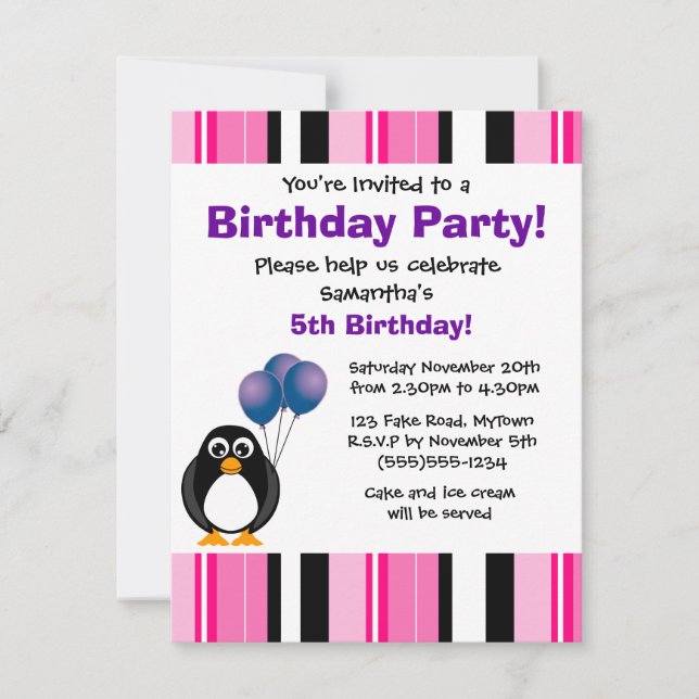 Invitation à l'anniversaire du Pingouin rose Purpl (Devant)