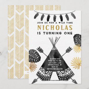 Invitation à l'anniversaire du Teepee noir et blan