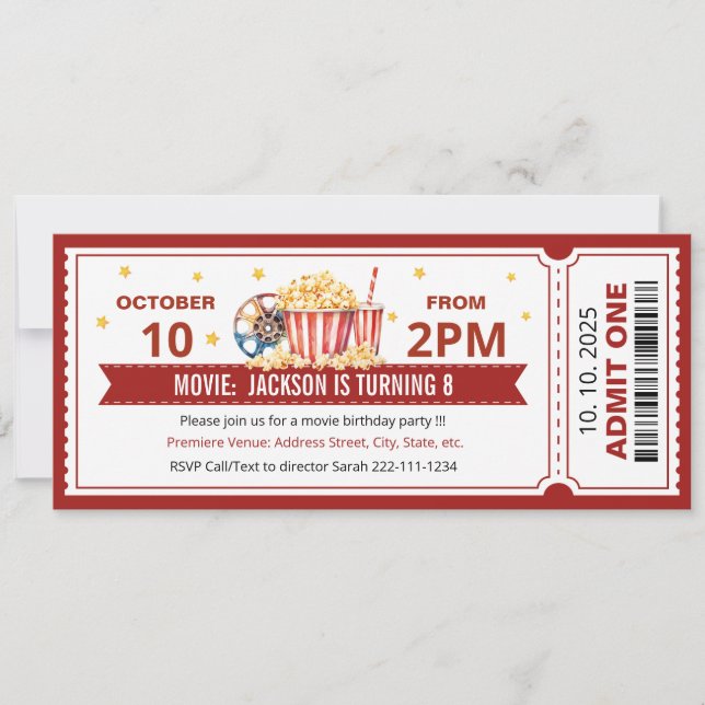 Invitation à l'anniversaire du ticket de cinéma (Devant)