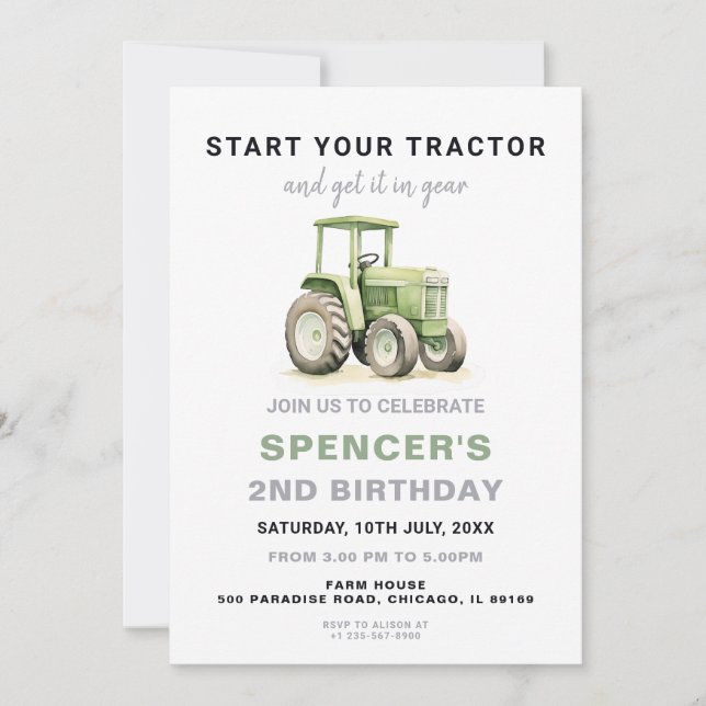 Invitation à l'anniversaire du tracteur vert modif (Devant)