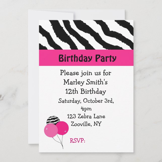 Invitation à l'anniversaire du Zèbre noir et rose (Devant)