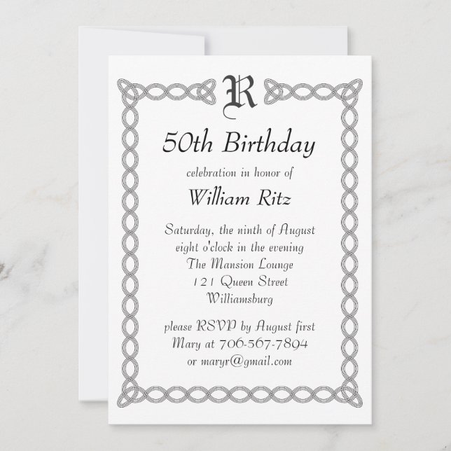 Invitation à l'anniversaire d'un monogramme blanc (Devant)