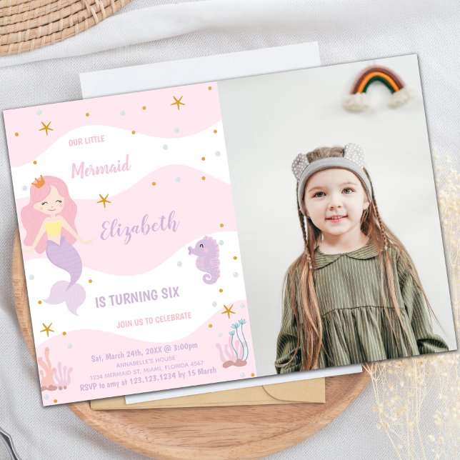 Invitation à l'anniversaire d'une sirène rose avec (Mermaid Pink Birthday Invitations with photo)