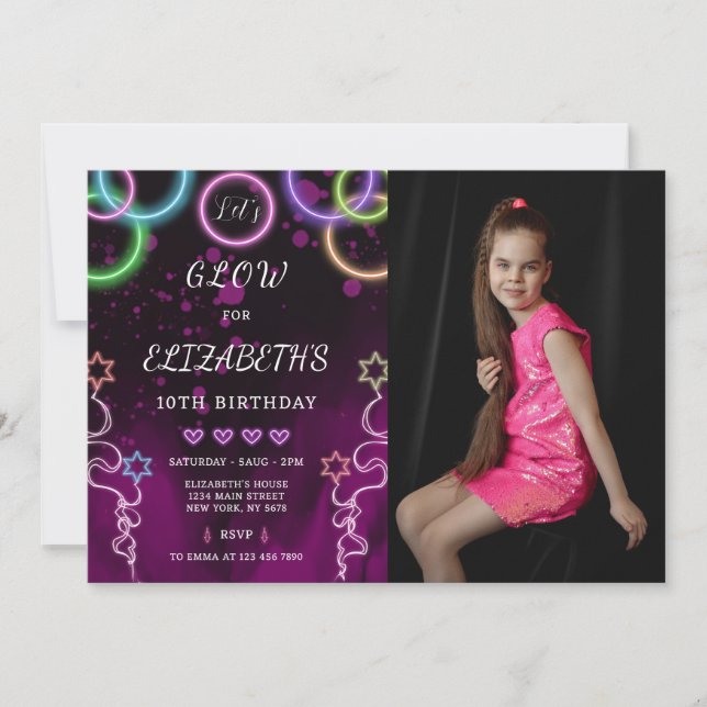 Invitation à l'anniversaire lumineux avec photo (Devant)