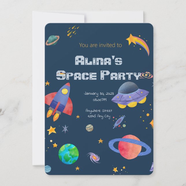 invitation à l'anniversaire sur le thème spatial (Devant)