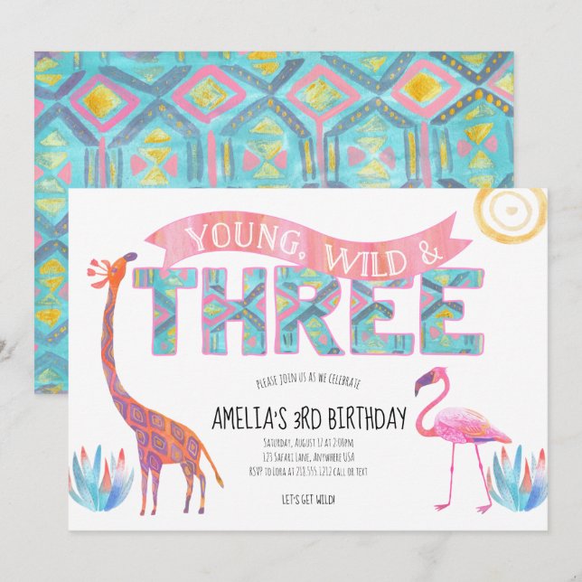 Invitation à l'anniversaire Young, Wild et Three (Devant / Derrière)