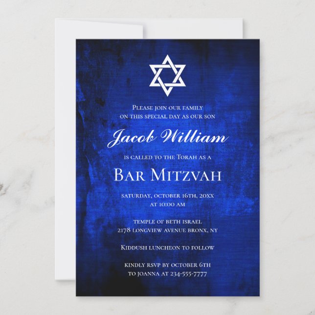 Invitation à l'aquarelle bleu de bar juif Mitzvah (Devant)