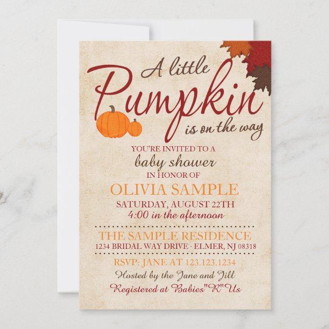 Invitation à l'Baby shower Citrouille d'automne (Devant)