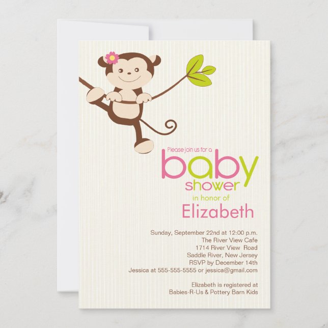 Invitation à l'Baby shower de filles de singe (Devant)