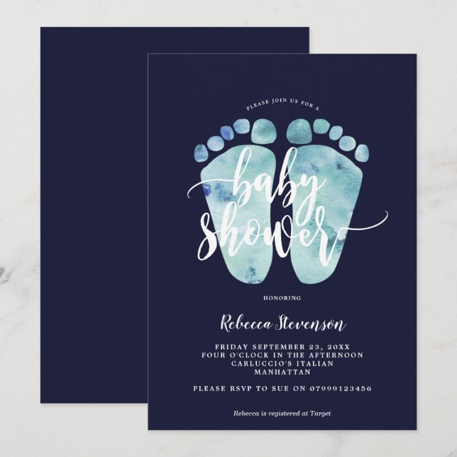 invitation à l'baby shower de la marine blue pieds (Devant / Derrière)