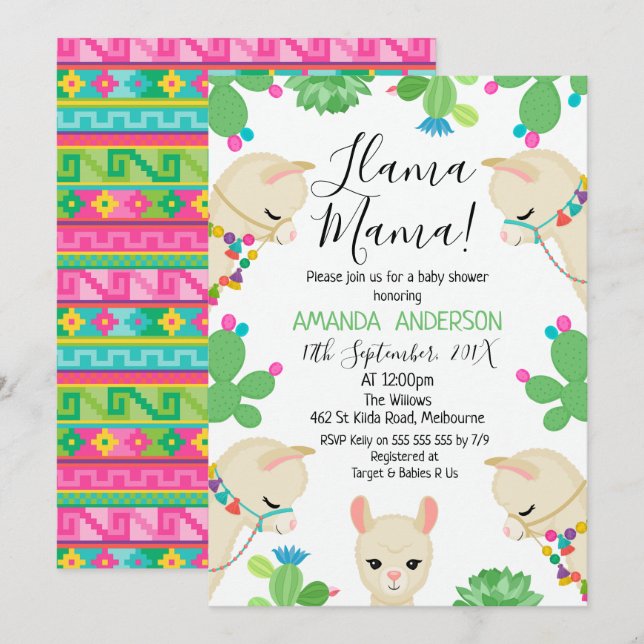 Invitation à l'Baby shower de Llama Mama neutre po (Devant / Derrière)