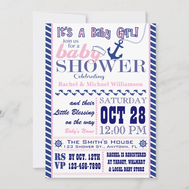 Invitation à l'Baby shower Nautical Baby Girl (Devant)