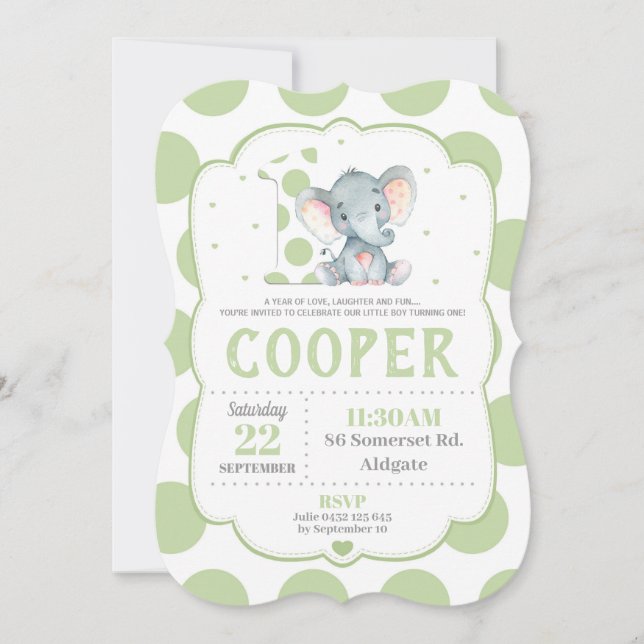 Invitation à l'éléphant 1er anniversaire Pois vert (Devant)