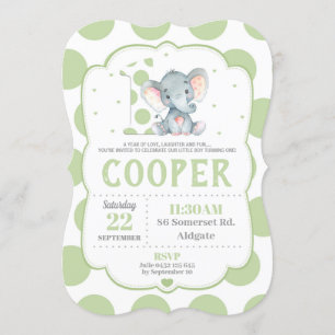 Invitation à l'éléphant 1er anniversaire Pois vert