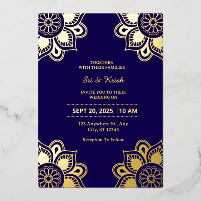 Invitation à l'huile de Mariage bleu et or (Recto)