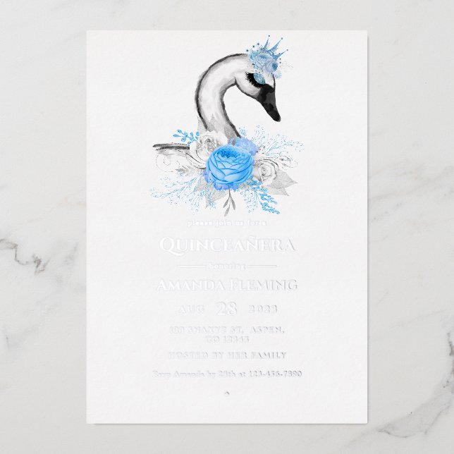 Invitation à l'huile Quinceañera de cygne bleu et  (Recto)
