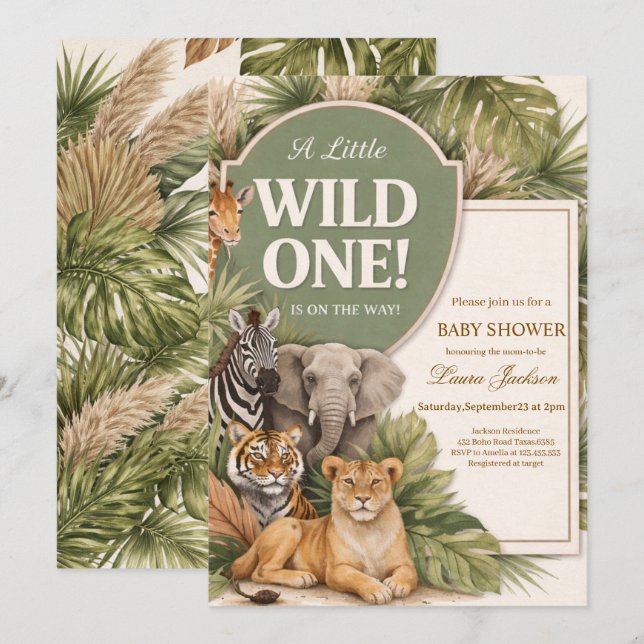Invitation A Little Wild One Safari Baby Animals Baby shower (Devant / Derrière)