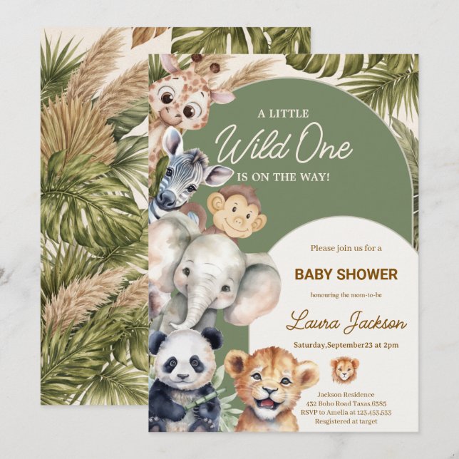 Invitation A Little Wild One Safari Baby Animals Baby shower (Devant / Derrière)