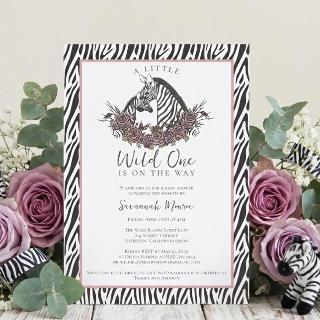 Invitation A Little Wild One Soft Gothic Zebra Baby Shower (Cute Safari A Little Wild One Is On the Way Soft Gothic Zebra Baby Shower Invitations for Mom to Be)