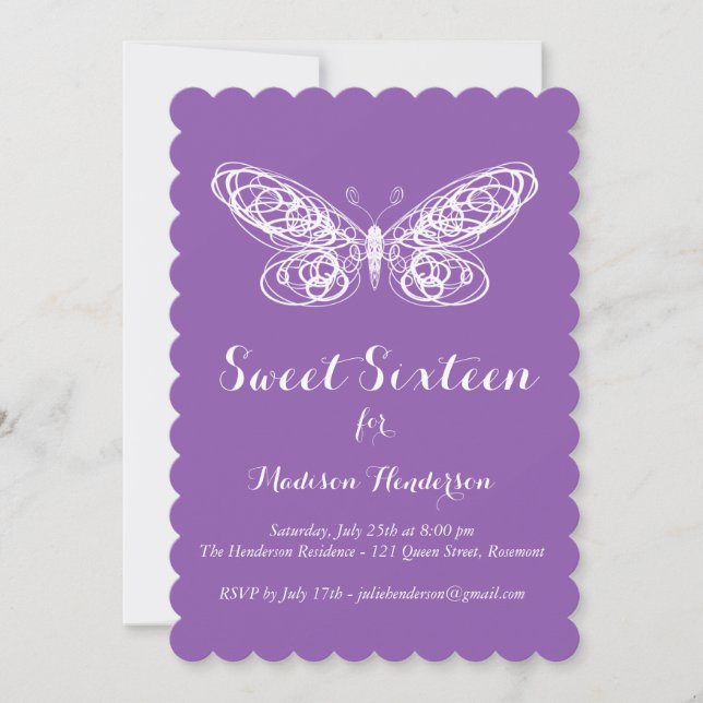 Invitation à l'Sweet sixteen à papillon mauve (Devant)