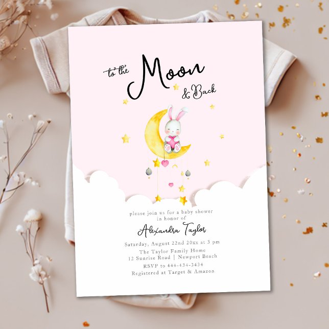 Invitation À Lune Retour Rabbit Coeur rose Baby shower fille (Créateur téléchargé)