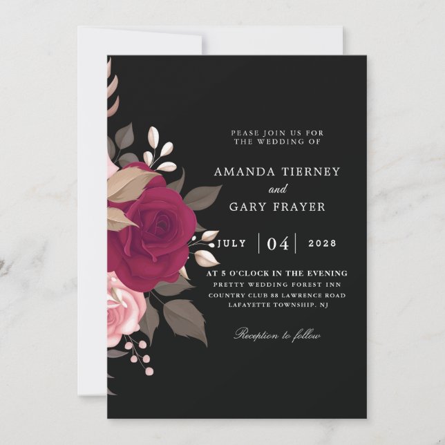 invitation à mariage burgundy florale et noire (Devant)