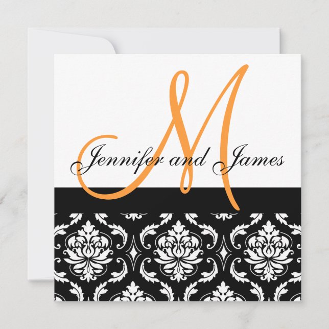 Invitation à Mariage damassé blanche orange noire (Devant)