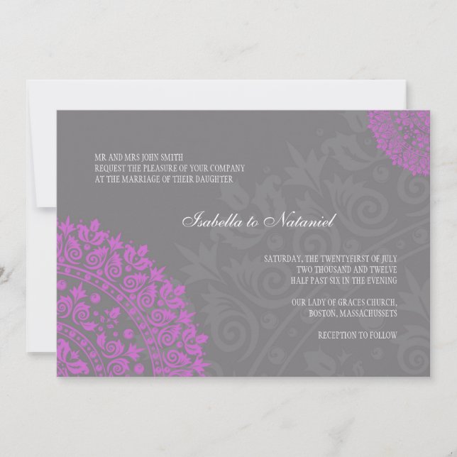 Invitation à Mariage damassé gris et violet (Devant)