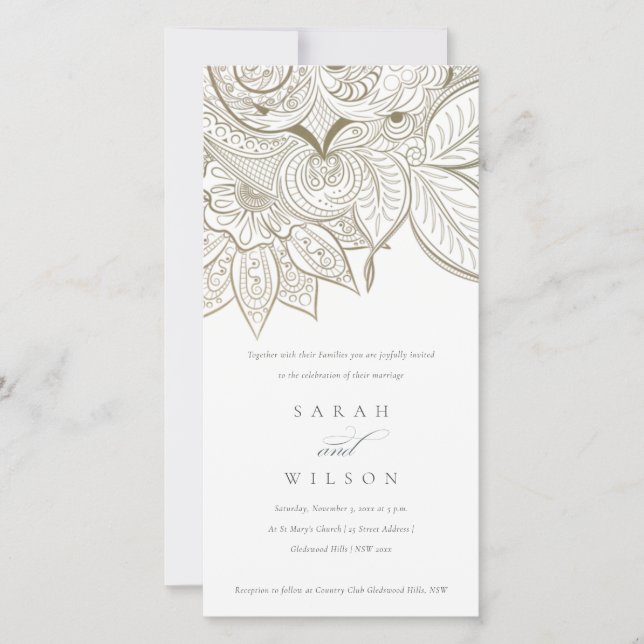 Invitation à mariage en or d'ivoire Paisley Ornate (Devant)