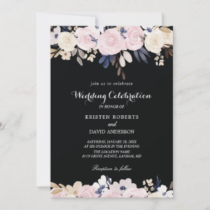 invitation à mariage florale rose blanc et noir