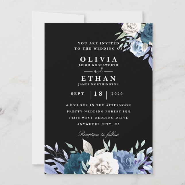 invitation à mariage noire blanche et bleue floral (Devant)