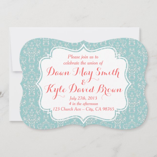 Invitation à Mint Coral Mariage damassé (Devant)