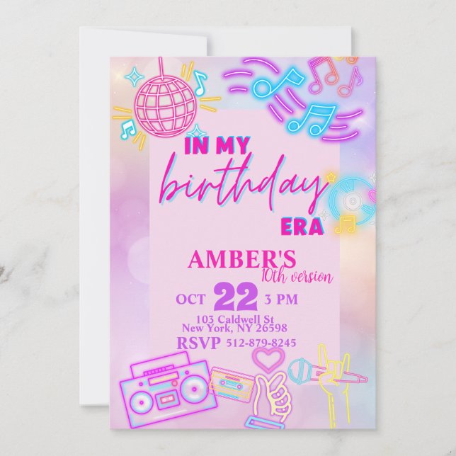 Invitation A mon anniversaire Era rose violet Neon Anniversai (Devant)