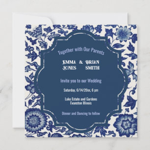 Invitation à motif floral bleu antique