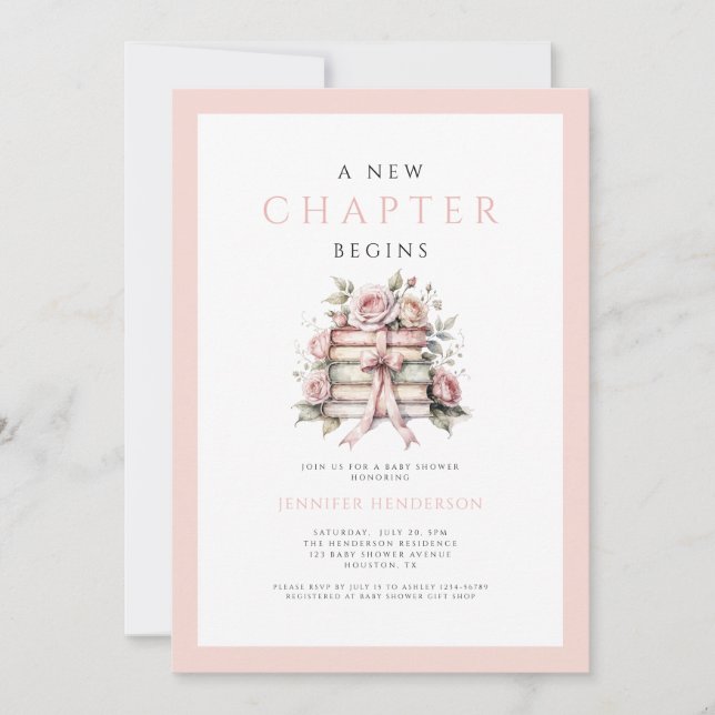 Invitation A New Chapter Begins Pink Bow Books Baby Shower (Devant)