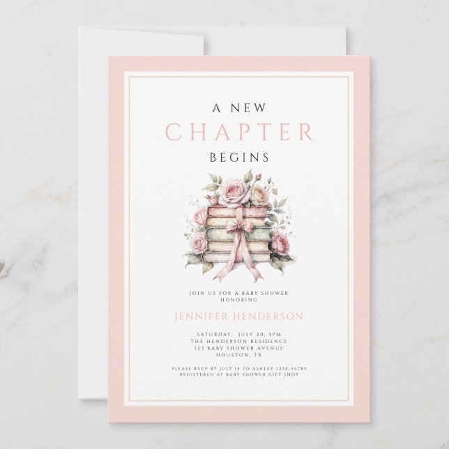 Invitation A New Chapter Begins Pink Bow Books Baby Shower (Devant)