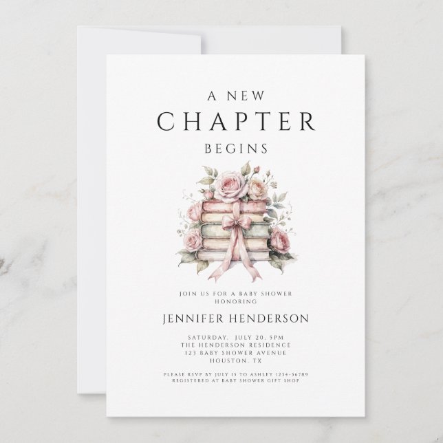 Invitation A New Chapter Begins Pink Bow Books Baby Shower (Devant)