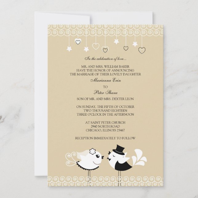 Invitation à plat d'une mariée et d'un oiseau Mari (Devant)