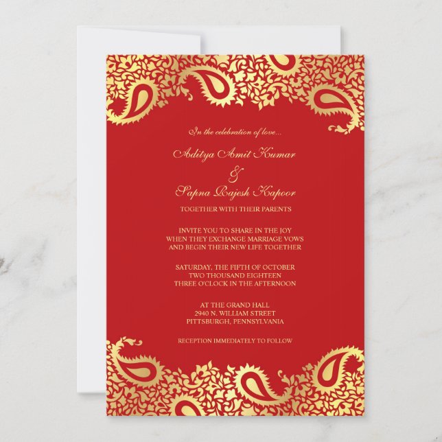 Invitation à plat Mariage rouge Paisleys (Devant)