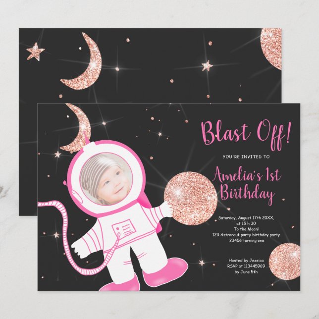 Invitation Ă?re fête d'anniversaire d'or d'astronaute de rose (Devant / Derrière)